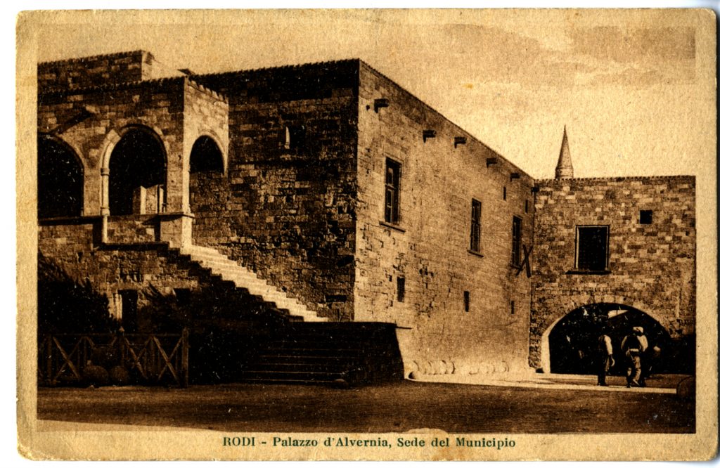 Postcard of Rhodes in sepia tone depicting the old walled city.
