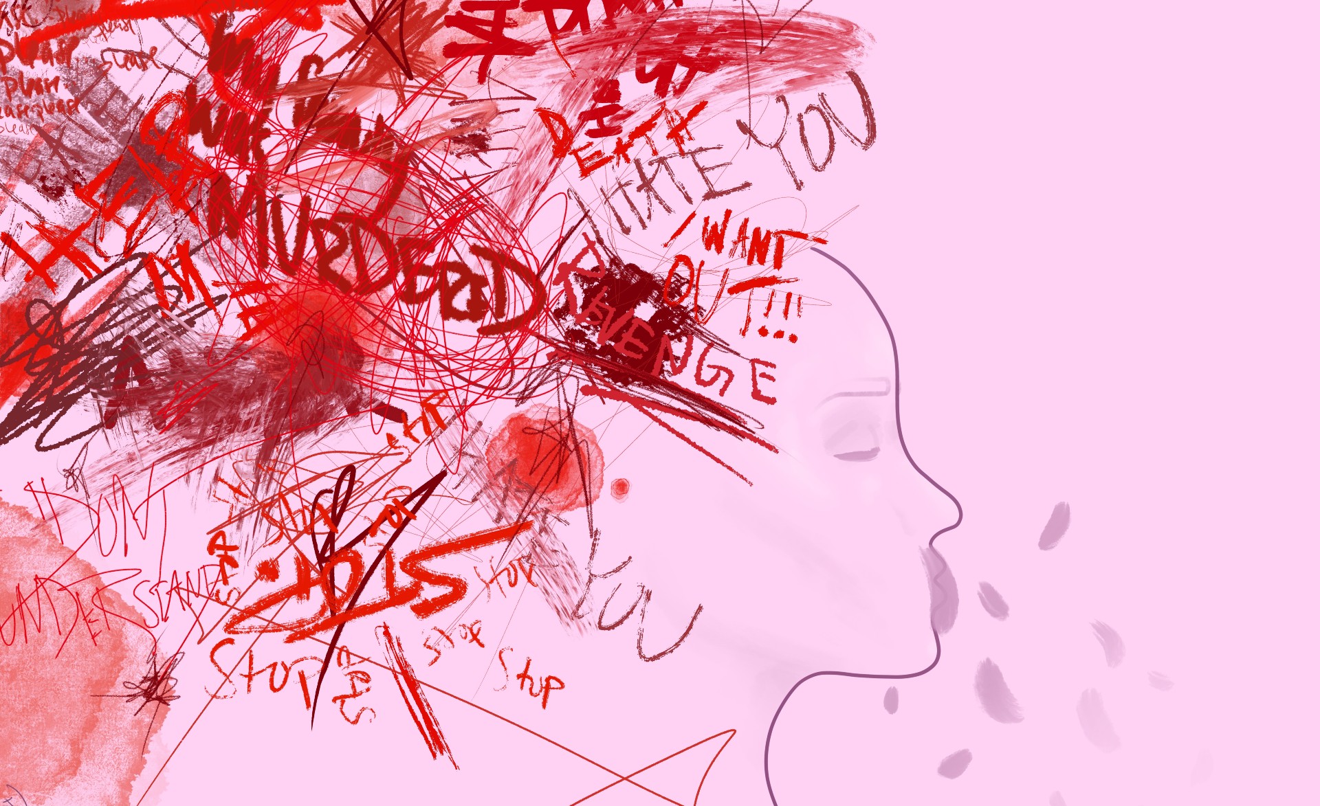 Outline of a head with red text, scribbles