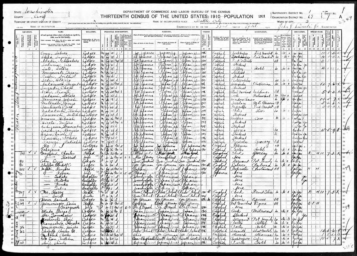 Handwritten census chart recording categories like "Name," "relations," "personal description," "nativity," "occupation," and "education""