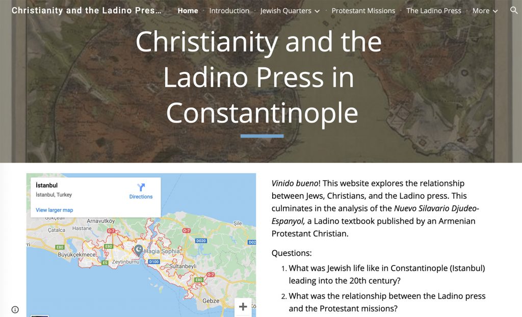 Screencap of website homepage with "Christianity & the Ladino Press in Constantinople" in its top banner