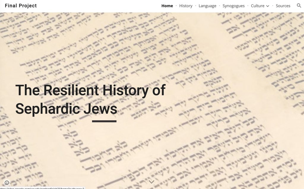 Screencap of website homepage with "Resilient History of Sephardic Jews" in its top banner