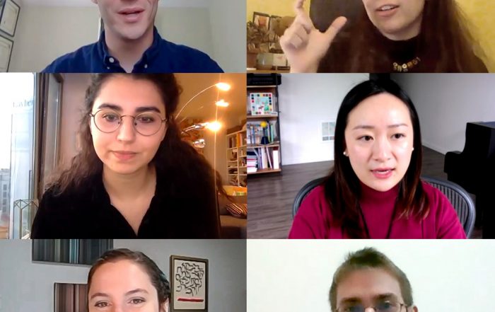 Collage showing six fellows offering presentations on Zoom