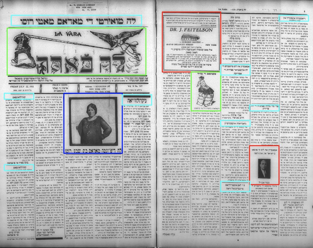 Two pages of the La Vara newspaper, with colored bounding boxes placed around headlines and images