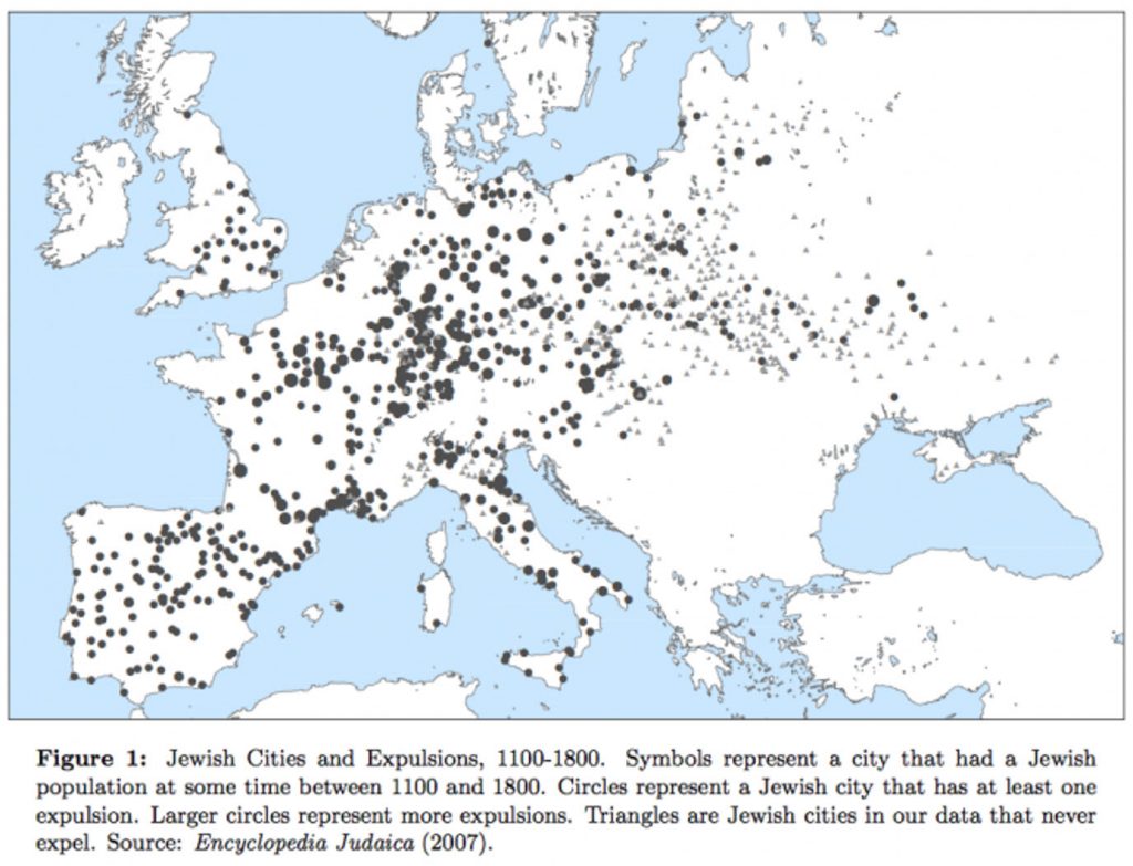 Map of Europe covered in dots, showing Jewish cities and expulsions, 1100-1800