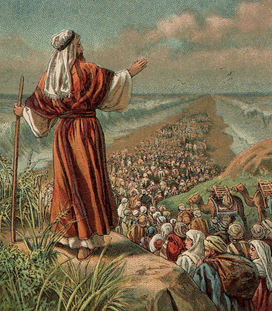 Illustration showing Moses and the parting of the Red Sea