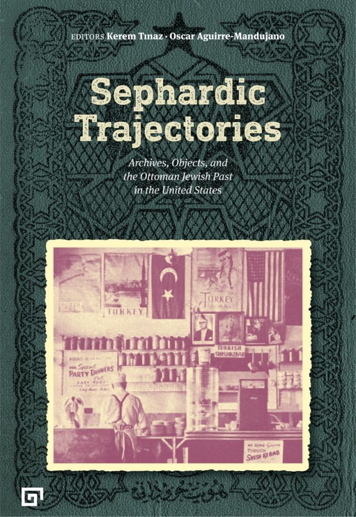 Green cover of Sephardic Trajectories with red tinted image on cover.