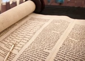 Torah scroll unfurled, showing dense Hebrew writing and a metal yod (pointer)