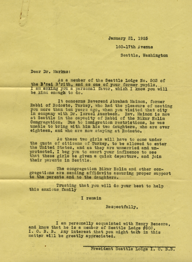 Typewritten letter from Henry Benezra to David Marcus printed on yellow paper.