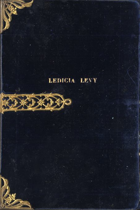 Blue book cover with gold border and gold latch, inscribed in gold with the name 