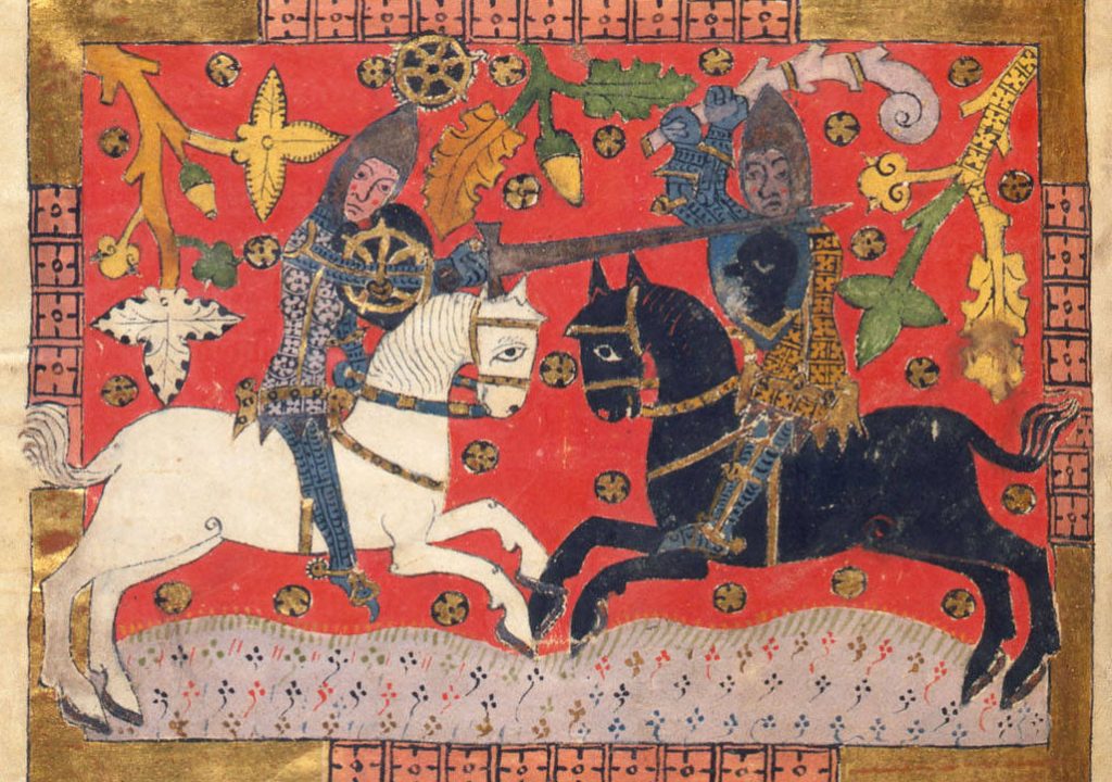 Two knights battling on horseback, from an illuminated manuscript