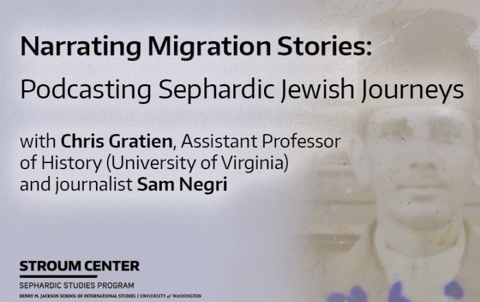 Narrating migration stories flyer with text overlaid on a photo of Leo Negri.
