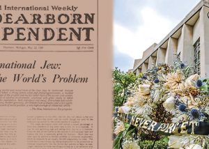 Collage showing the historic antisemitic Dearborn Independent newspaper alongside the Tree of Life synagogue following the 2018 shooting