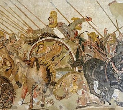 Ancient mosaic showing a giant conquering army led by a helmet-wearing commander