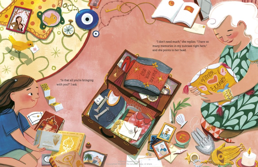 Illustration from Tia Fortuna's new home featuring Tia Fortuna packing up her suitcase, with items scattered about the spread, on a pink background. Her niece looks on from the left foreground of the page.