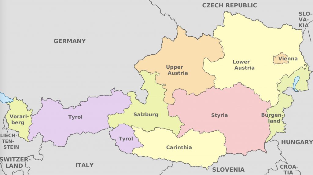 Map showing regions of Austria. Carinthia is further south, bordered by Italy on the southwest edge and Slovenia on the southeast edge