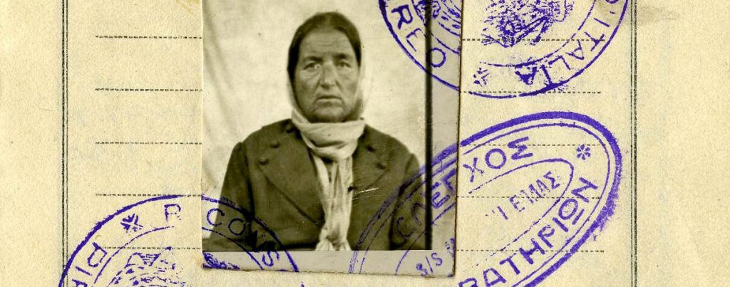 Passport page showing black and white photo of woman wearing headscarf and jacket
