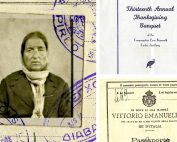 Collage showing a passport photo, a banquet program, and the front page of a passport