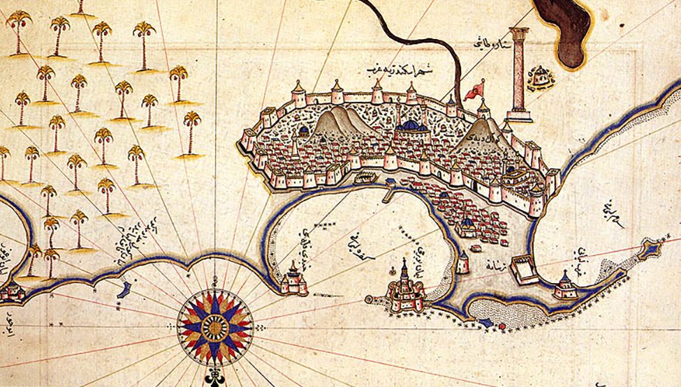 Hand-drawn map showing a large, walled city of Alexandria with hills, mosques, and a giant lighthouse to the southwest and desert palm trees in the east