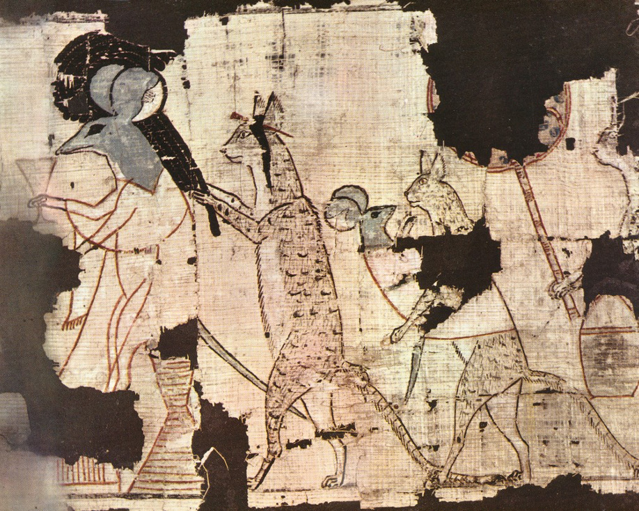 Fragmented papyrus showing cats fanning a seated mouse holding a goblet