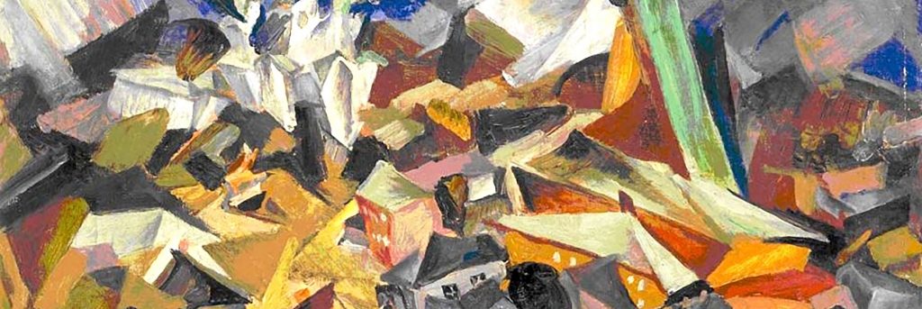 Colorful cubist painting suggesting a village on a hill and blue sky