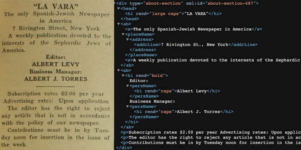 Two images side by side. At left: The original text of a portion of the English section of La Vara. At right: that same portion of text encoded as a TEI document.