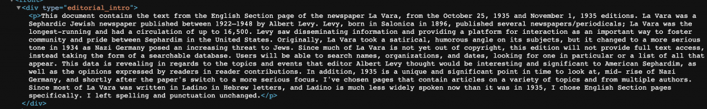 Zarlingo's contextualizing notes for her encoding of the English sections of La Vara.