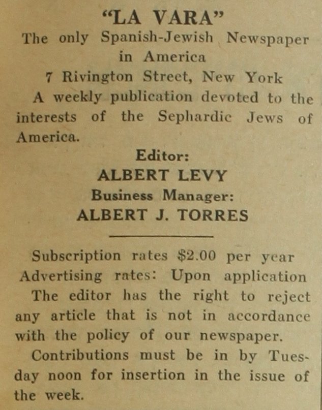 The English masthead of La Vara taken from the October 25, 1935 issue, from the English section of the paper.