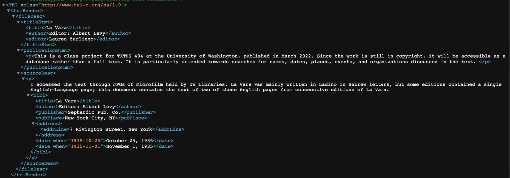 Screen shot of Zarlingo's TEI file header for the English section of La Vara.