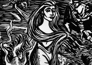 Woodcut showing a woman with long hair, with a beast at her side
