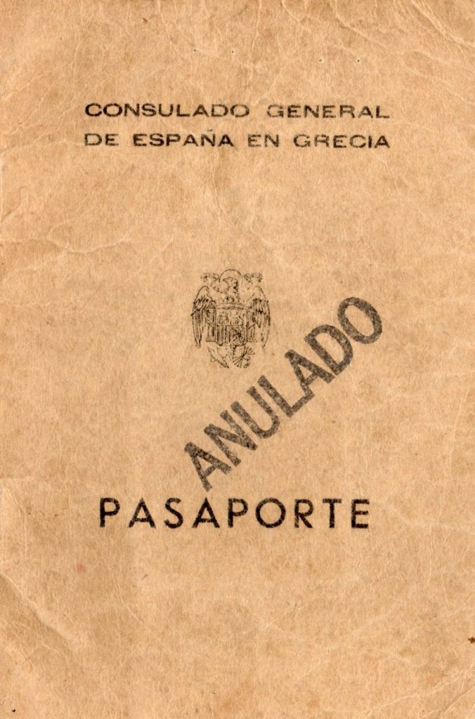Cover of Jack Abravanel's Spanish Passport. Passport is a tan color with the Spanish emblem on the front. There is a stamp that says 