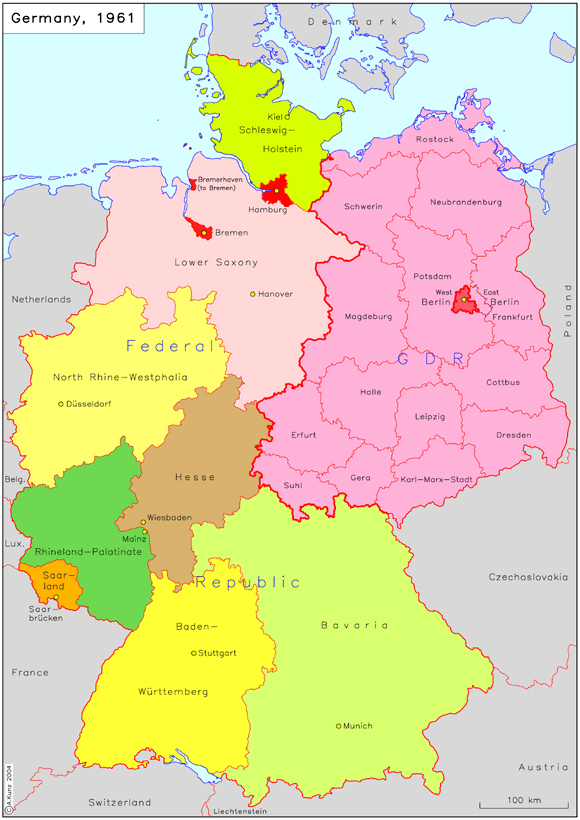 Map showing regions of present-day Germany divided between the German Democratic Republic (East Germany) and the Federal Republic of Germany (West Germany)
