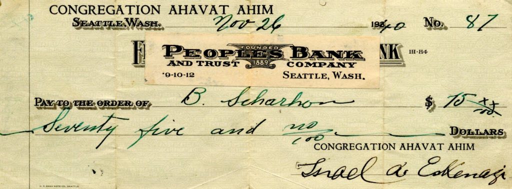 Check from Israel A. Eskenazi, president of Ahavath Ahim, to Reverend Scharhon, dated November 26, 1940.