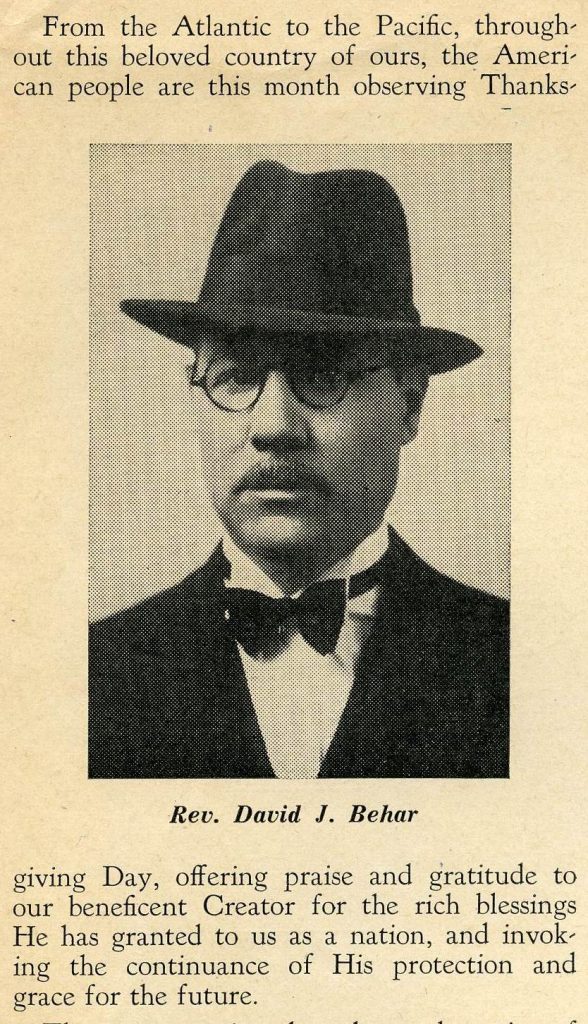 Clipping of the Ezra Bessaroth newsletter with a photo of Reverend David Behar. He is wearing a top hat and a suit and bowtie. There is text around the photo about Thanksgiving and the Jews.