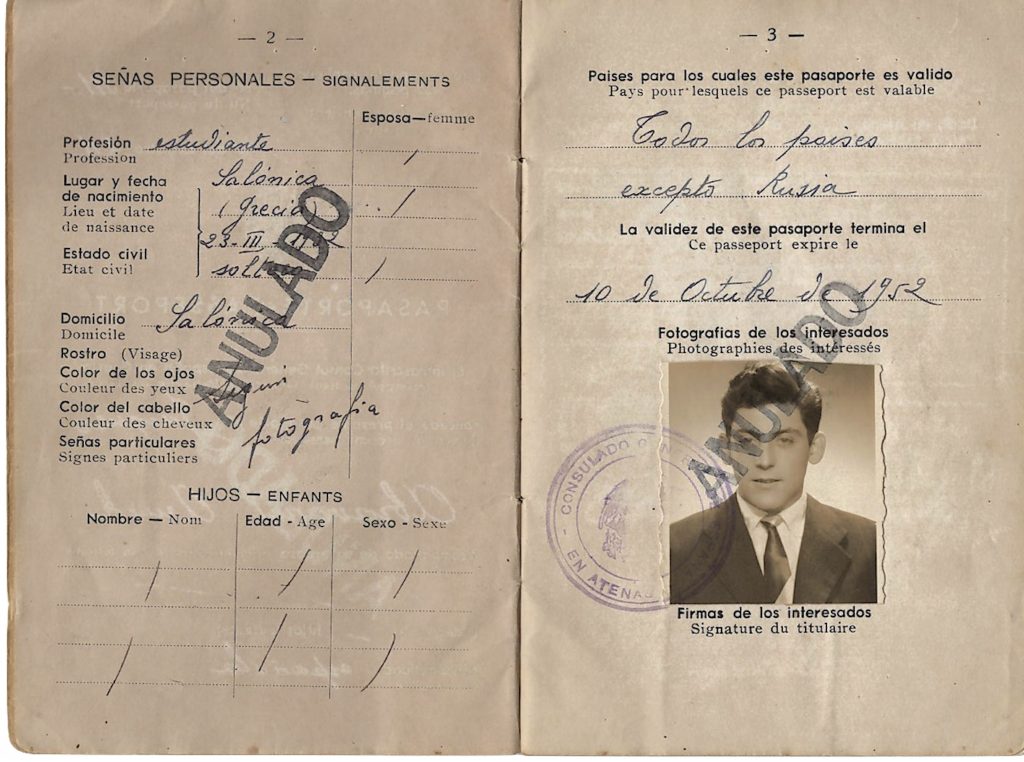 Interior of Jack Abravanel's passport. The lefthand page includes his basic information. The right side page includes his picture in sepia tone. He is wearing a suit and tie in the photo.