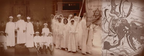 Collage showing historic images of Jews in lights robes and hats, with medieval map alongside