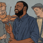 Sketch of Anthony Russell trio in action (playing music and singing)