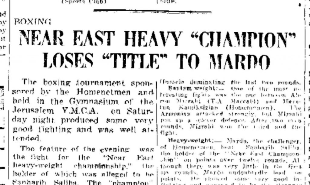 Excerpt from newspaper: "Near East Heavy 'Champion' Loses 'Title' to Mardo"