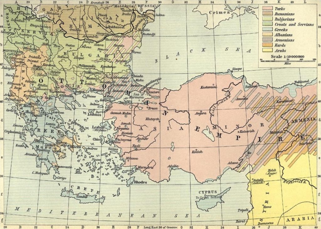 Historic color map showing the Ottoman Empire across the Balkans, "Asia Minor" and "Armenia"