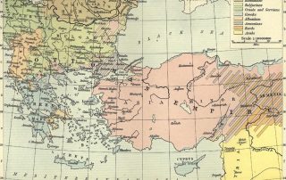 Historic color map showing the Ottoman Empire across the Balkans, "Asia Minor" and "Armenia"