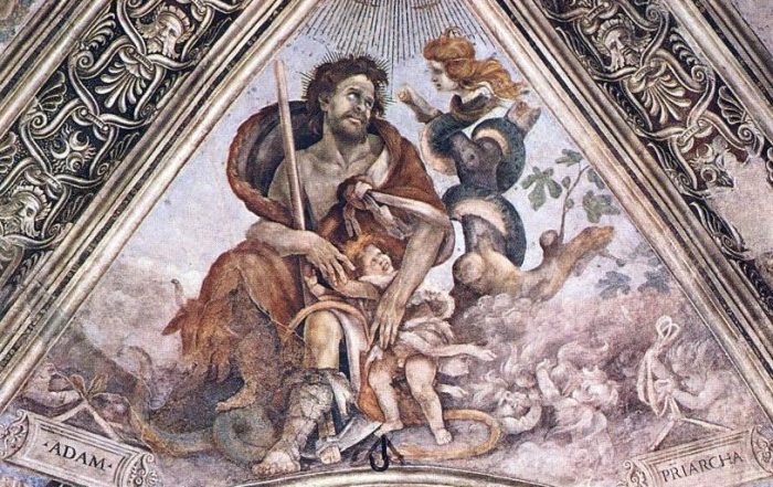 Painted fresco in one section of a domed ceiling showing a man shielding a child from a snake with the head of a woman