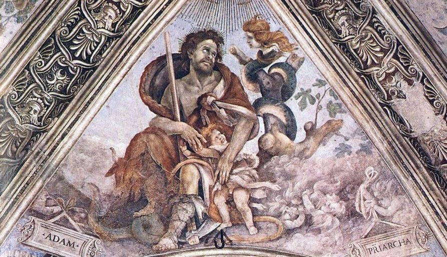 Painted fresco in one section of a domed ceiling showing a man shielding a child from a snake with the head of a woman