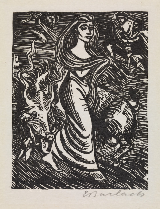 Woodcut shows woman with long hair in dress with a giant warthog at her side