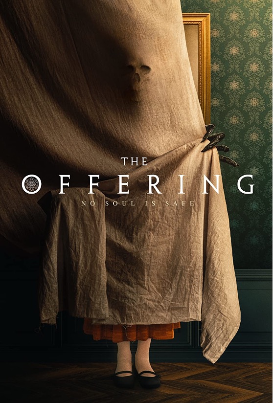 Movie poster for "The Offering" showing a curtain covering a woman's legs, with a demonic clawed hand and skull visible