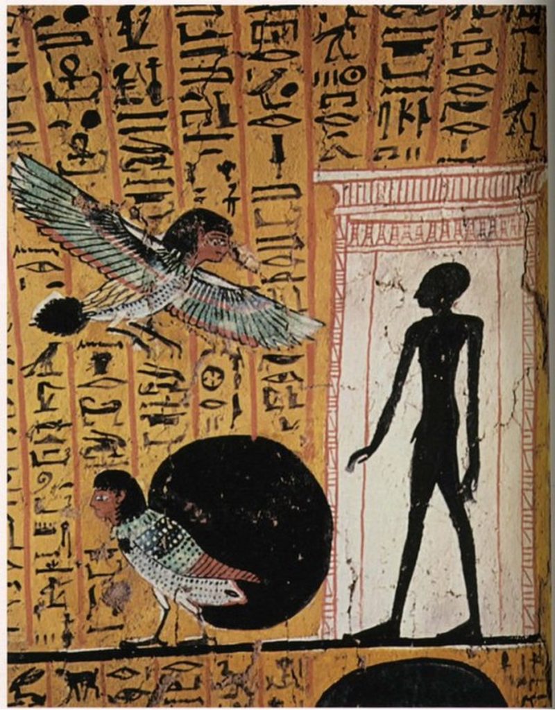 Ancient Egyptian paintings on wall showing birds with human heads alongside a doorway with a black figure inside; hieroglyphics behind