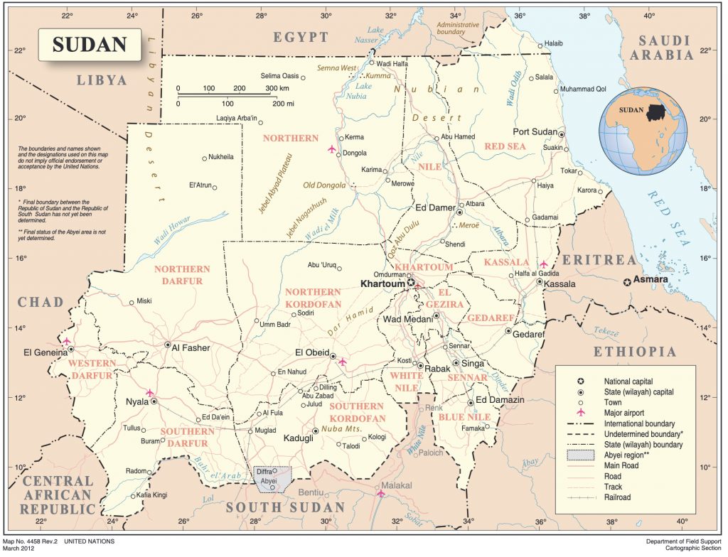 Detailed map of Sudan showing major cities, surrounding countries, and the Red Sea to the east.