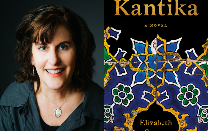 Portrait of Elizabeth Graver next to Kantika book cover