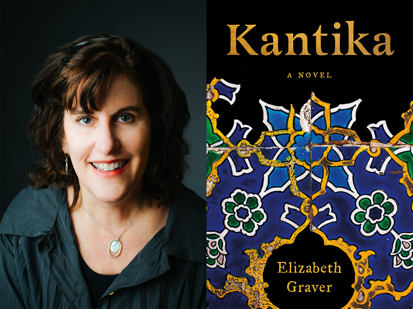 Portrait of Elizabeth Graver next to Kantika book cover