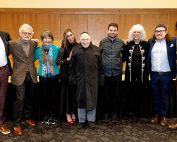 Sephardic artists gather for a photo with Hazzan Isaac Azose, Professor Devin Naar, and Divisional Dean of the UW's School of Arts, Gabriel Solis.