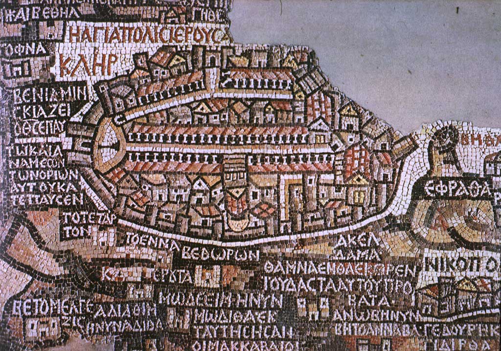 An ancient mosaic of the city of Jerusalem, cracked and missing tiles in the upper right corner