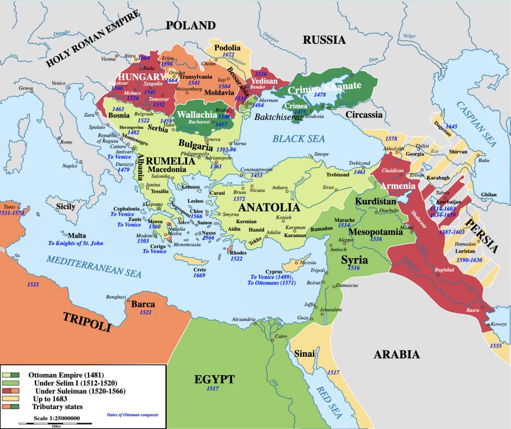 Map showing Ottoman territories from 1481-1683, around the Mediterranean Sea